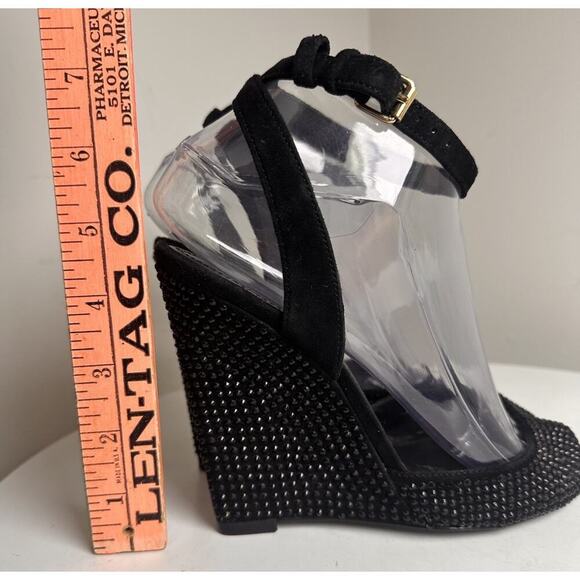 Tory Burch Black Suede Crystal Embellishments Wedge Sandals Sz 7 M Glam Mob Wife - Picture 10 of 16